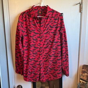 Red and Black Bat Pattern Casual Button Down Shirt